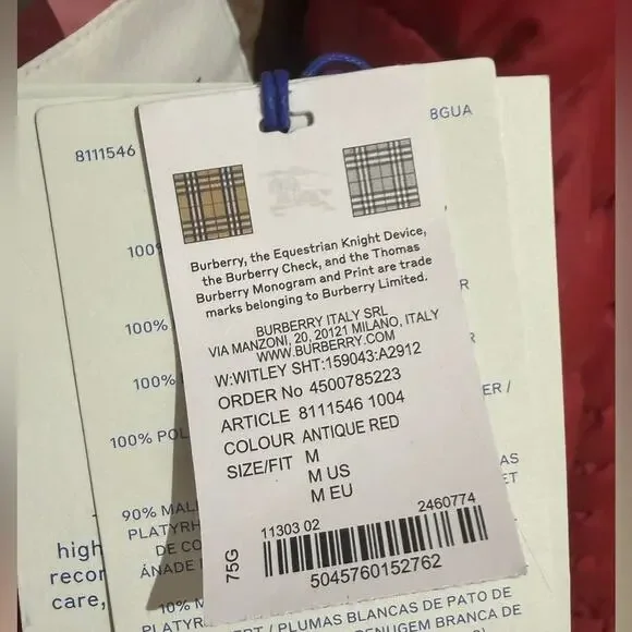 Burberry Red Quilted Puffer Jacket NWT Medium - Picture 4 of 8